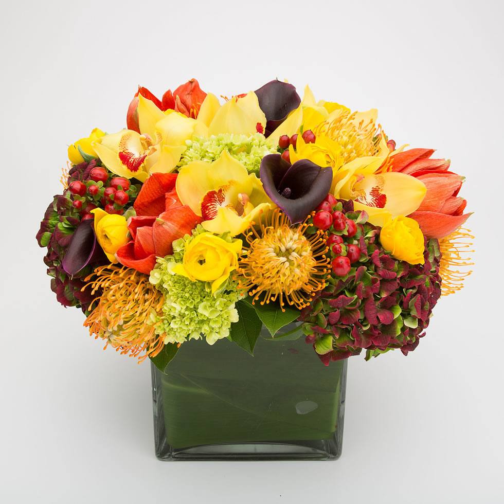 Fall flower arrangements NYC: Harvest Bounty by Jerome Florists, with yellow cymbidium orchids, calla lilies, amaryllis and burgundy hydrangea in a leaf-lined glass cube