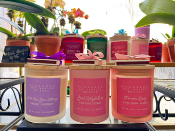 Birdsong Candles in French Lavender, Hyacinth Flower and Pink Peony Bloom scents, frosted jars with wooden lids and matches