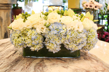 Blue Dream small size, Square vase option: white roses and green orchids over pale blue hydrangea in low leaf-lined glass