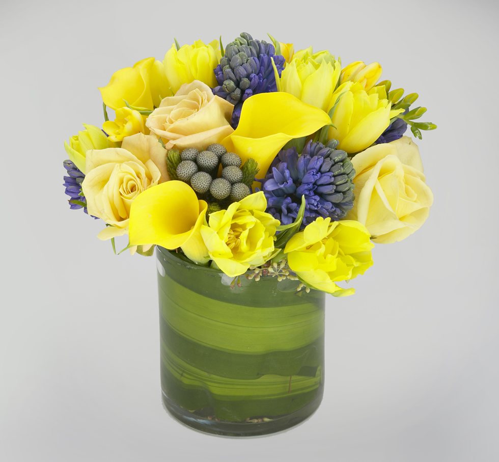 Radiance with yellow roses, callas and tulips, blue hyacinth and grey brunia in a leaf-lined glass cylinder