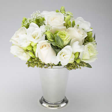 White rose and freesia arrangement in mint julep cup – Jerome Florists NYC