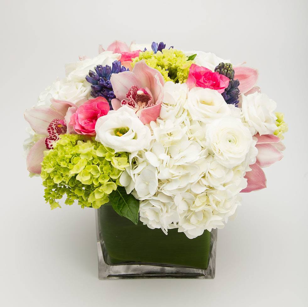 Eliana arrangement of hot pink roses, blush cymbidium orchids, white and green hydrangea and purple hyacinth in a leaf-lined glass cube