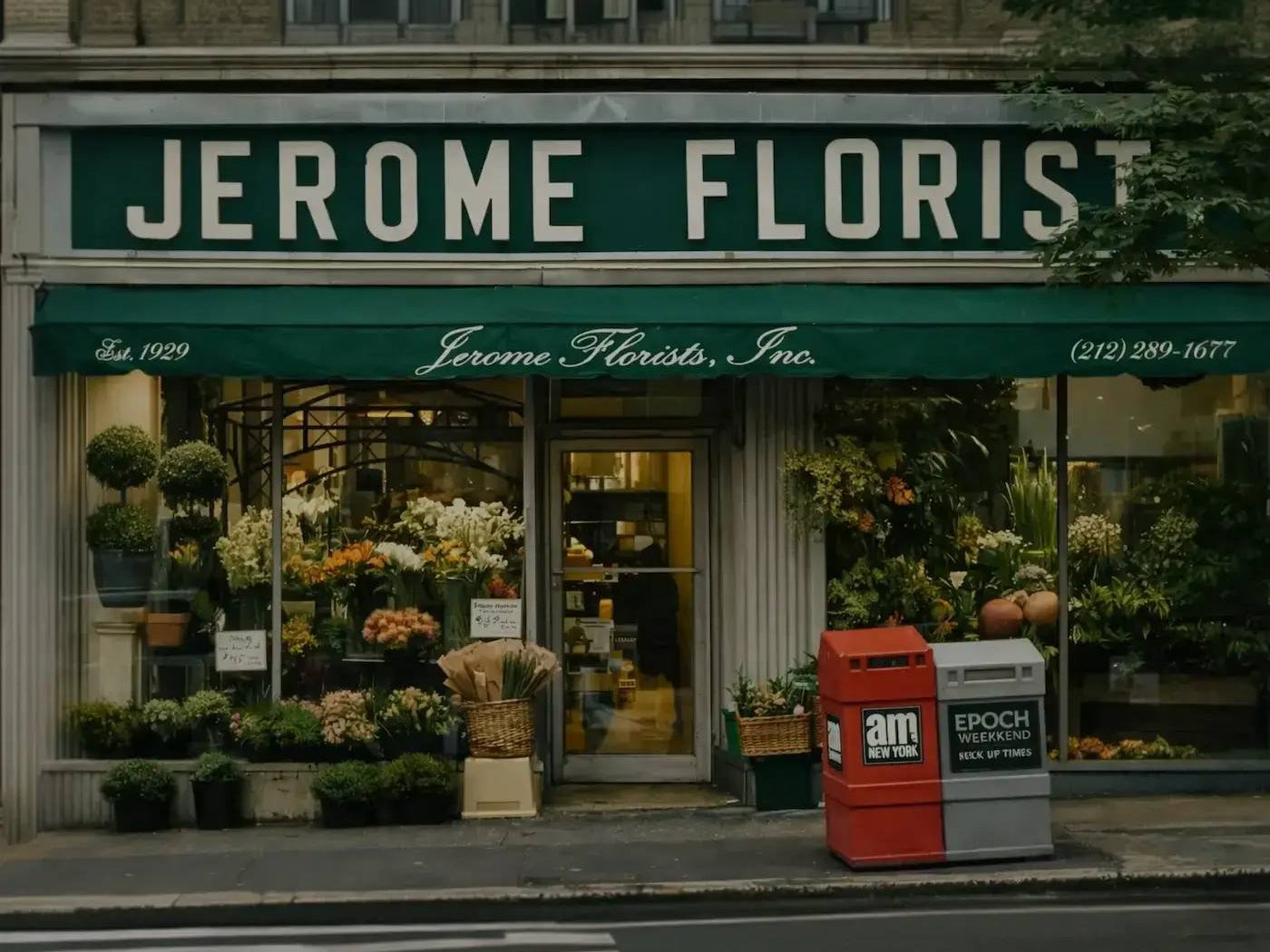 The Jerome Florists storefront on Madison Avenue at 96th Street on the Upper East Side, with its green Est. 1929 awning and flower-filled windows