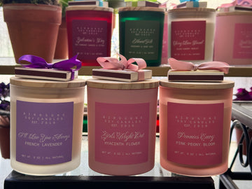 
                    
                      Birdsong Candles close-up of lavender, pink and peach jars with ribbon-tied matchboxes, red and green scents behind
                    
                  
