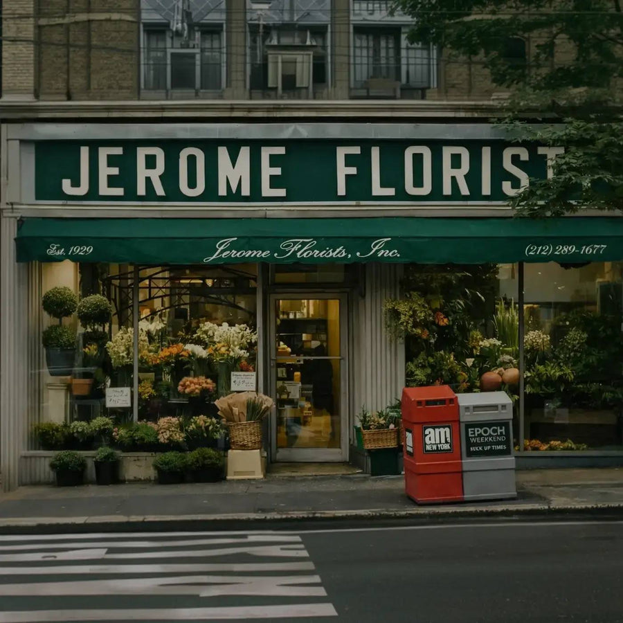 The Jerome Florists storefront on Madison Avenue at 96th Street, with its green Est. 1929 awning and flower-filled windows