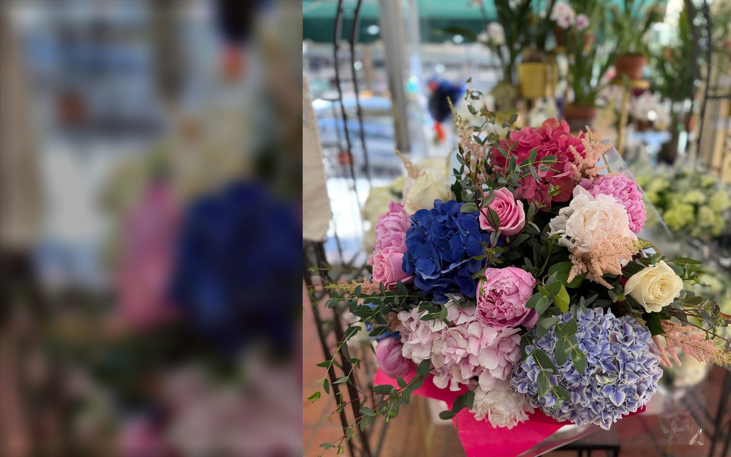 Hand-tied bouquet of blue and pink hydrangeas, pink and white blooms, roses, astilbe and eucalyptus in pink wrapping at Jerome Florists