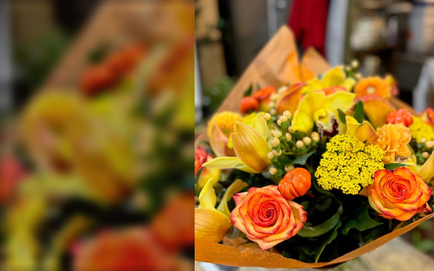 Fall in Love autumn bouquet of orange roses, dahlias, yellow calla lilies, cymbidium orchids and hypericum berries, wrapped in orange paper at Jerome Florists
