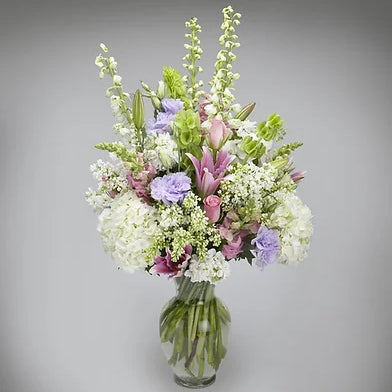 Purple and pastel hydrangea lily and rose tall arrangement – Jerome Florists NYC